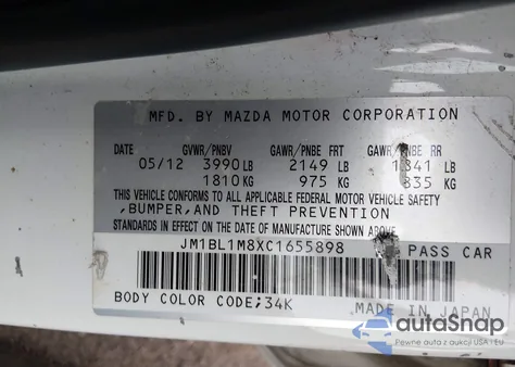 2012 Mazda Mazda3 I Grand Touring z USA, uszkodzony, nr VIN JM1BL1M8XC1655898